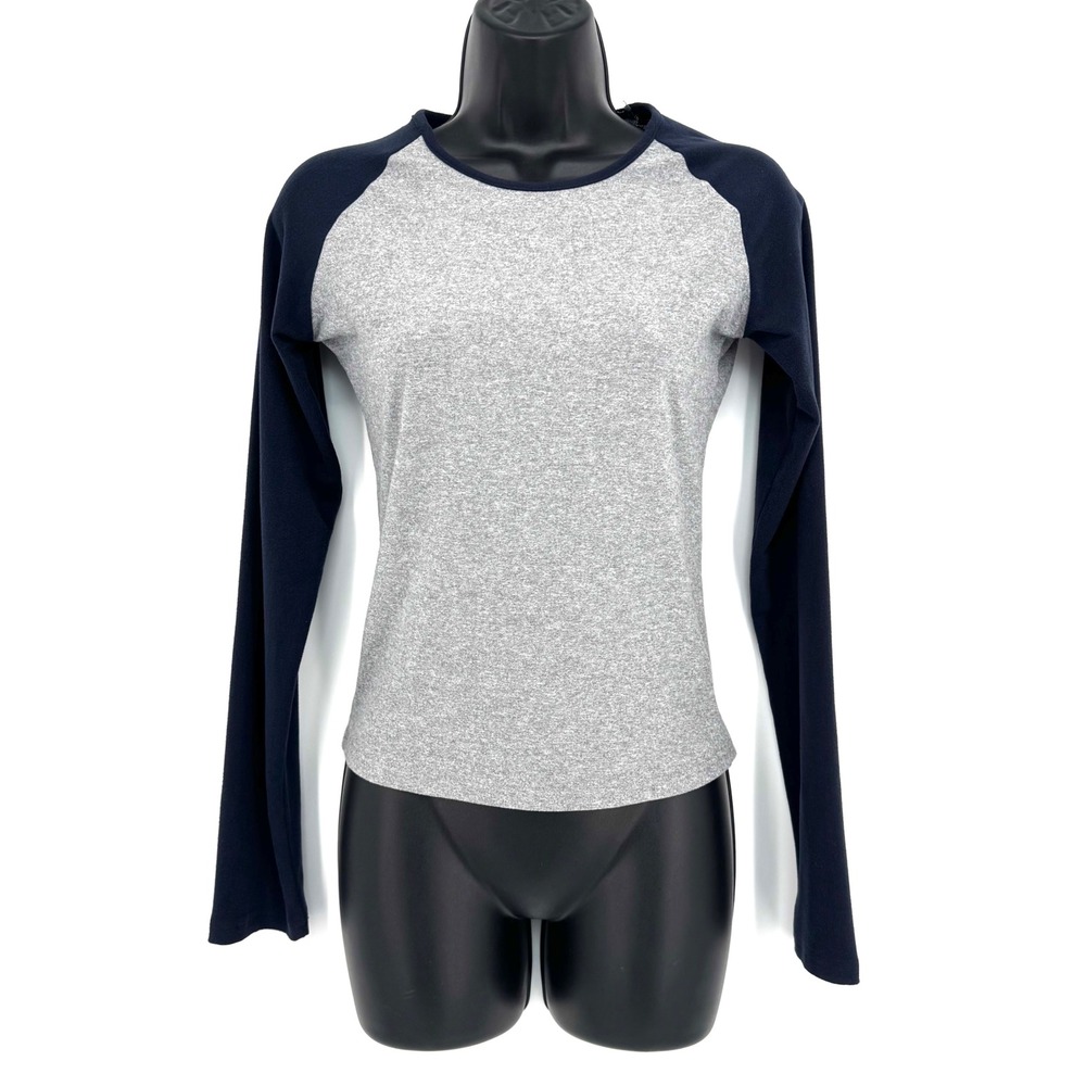 Dazy Womens Raglan Long Sleeve Baseball Tee Heather Grey Navy Blue Size L